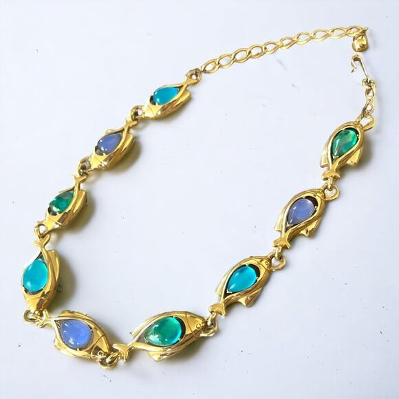 Trifari Signed Jelly Belly Lucite Blue Green Aqua Fish Necklace Bracelet Earring - Picture 3 of 12